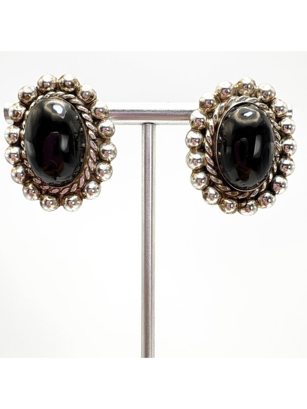 Black Onyx Sterling Silver 925 Bezel Set Beaded Stud Earrings Size 1" Length